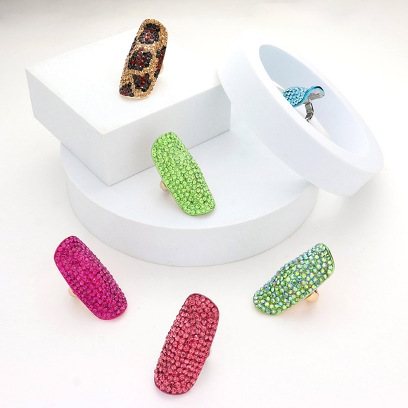 Clear Silver Long Shield Rhinestone Crystal Shell Stretch Statement Ring Finger - Picture 5 of 5